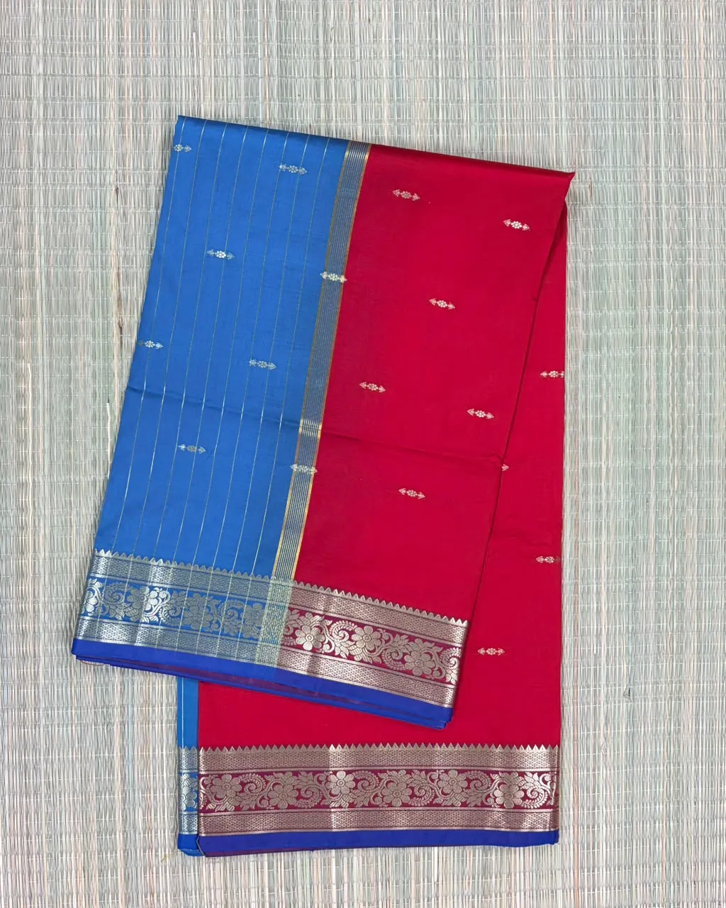 Red and Blue Semi Silk Saree