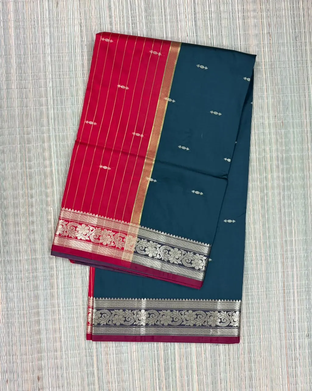 Red and Dark Bottle Green Semi Silk Saree