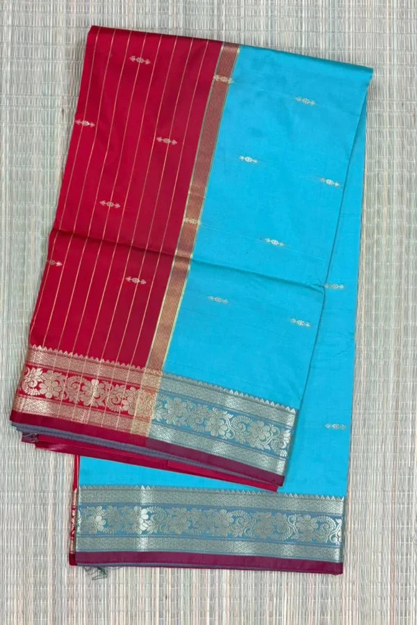 Red and Sky Blue Semi Silk Saree