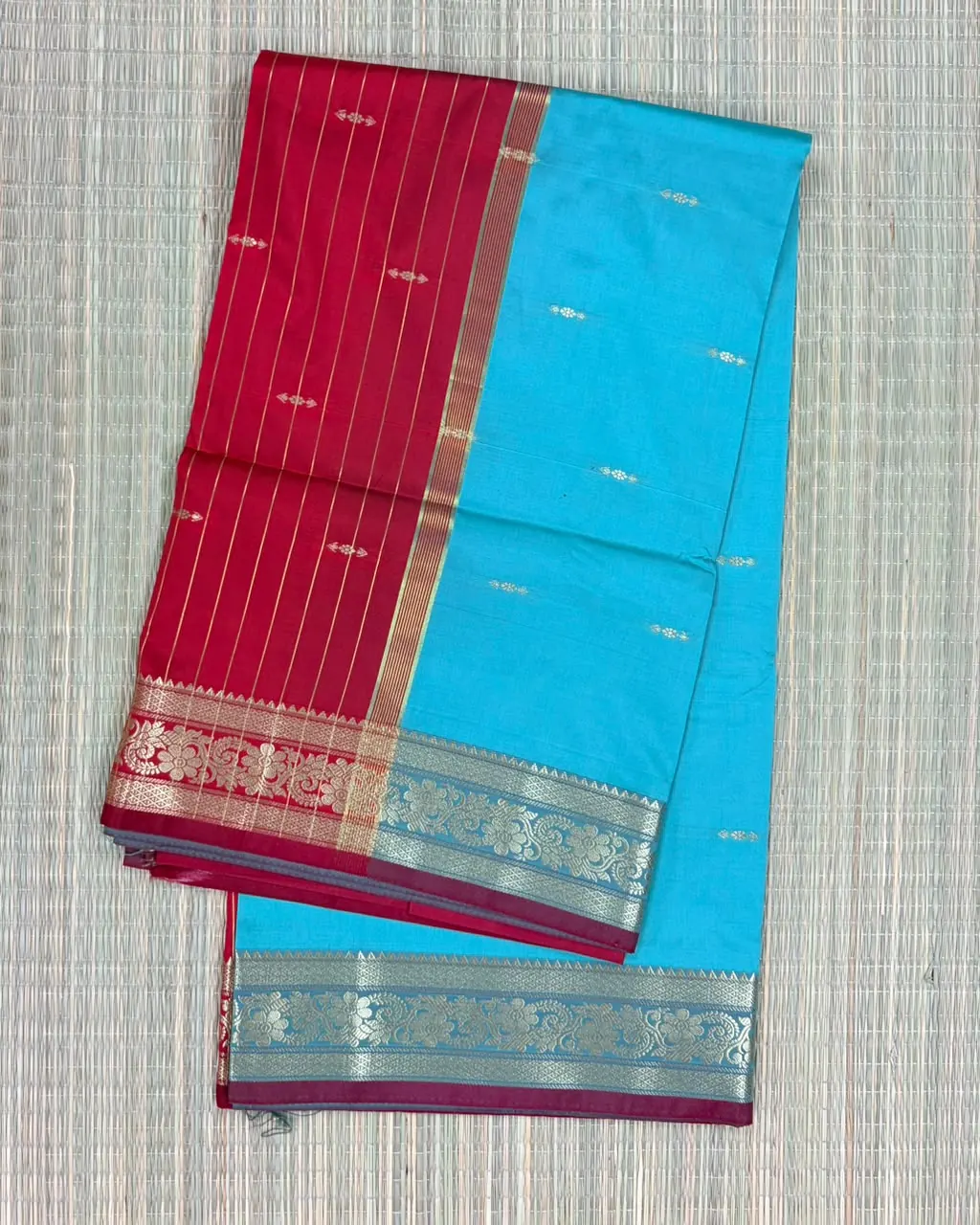 Red and Sky Blue Semi Silk Saree
