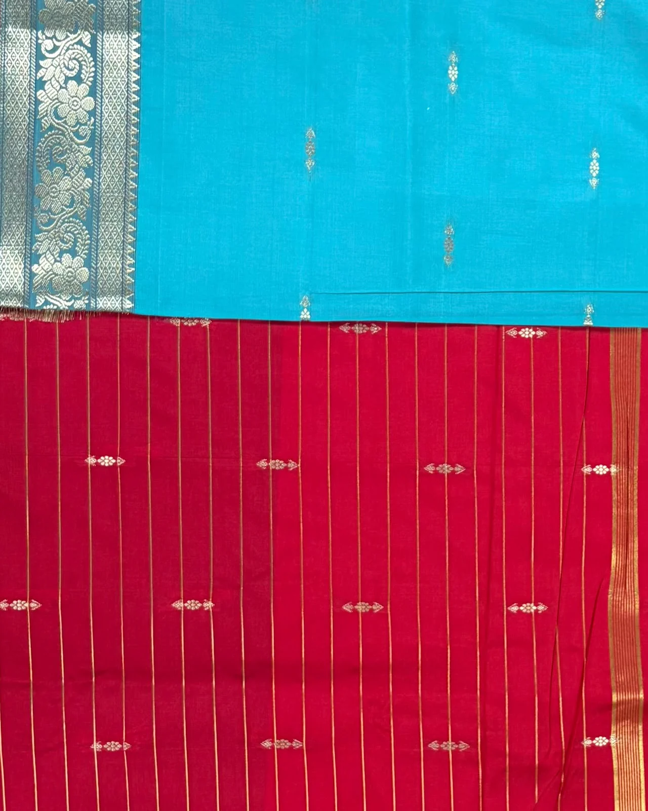 Red and Sky Blue Semi Silk Saree - Image 2