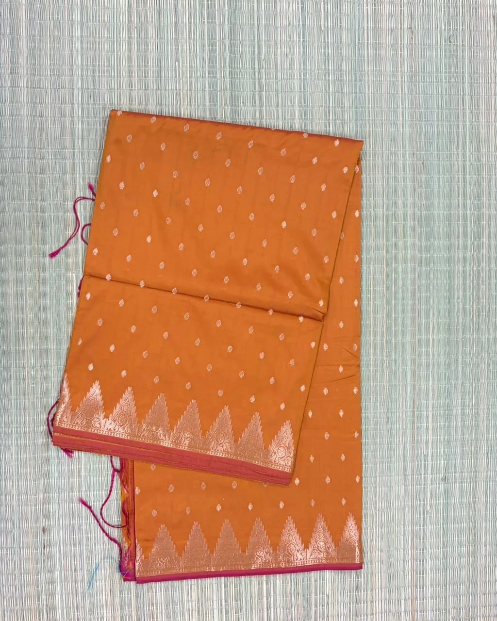 Rust Orange Temple Border Semi Silk Saree