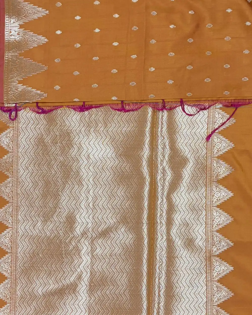 Rust Orange Temple Border Semi Silk Saree - Image 2
