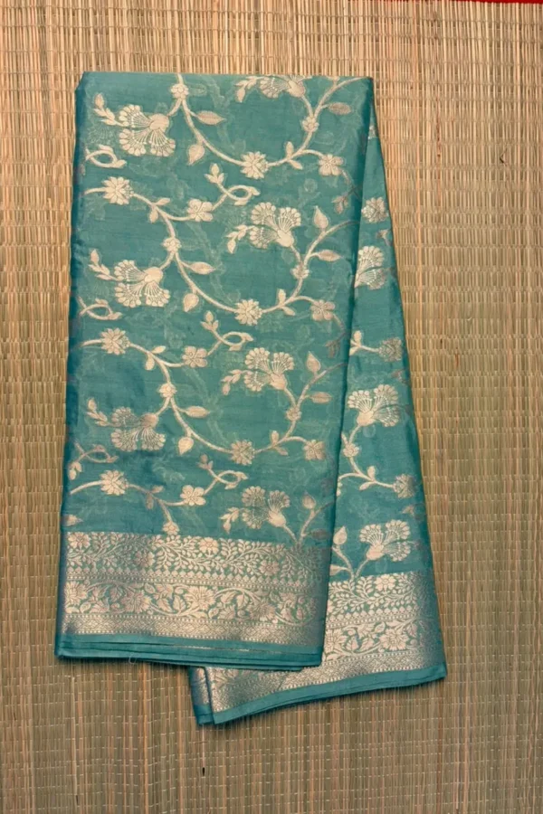 Sea Green Floral Semi Katan Saree