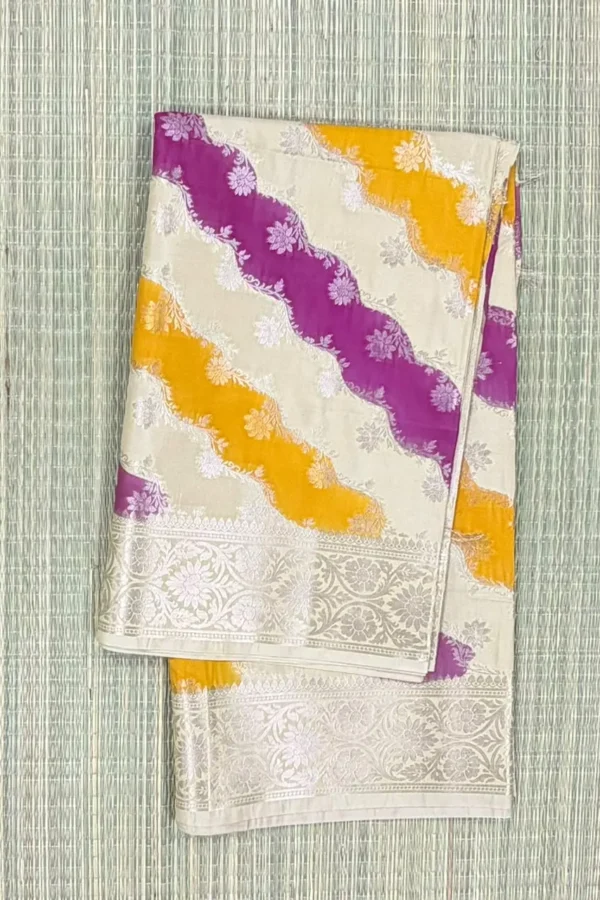 Tricolour Beige, Mango Yellow and Magenta Pure Mashru Silk Saree