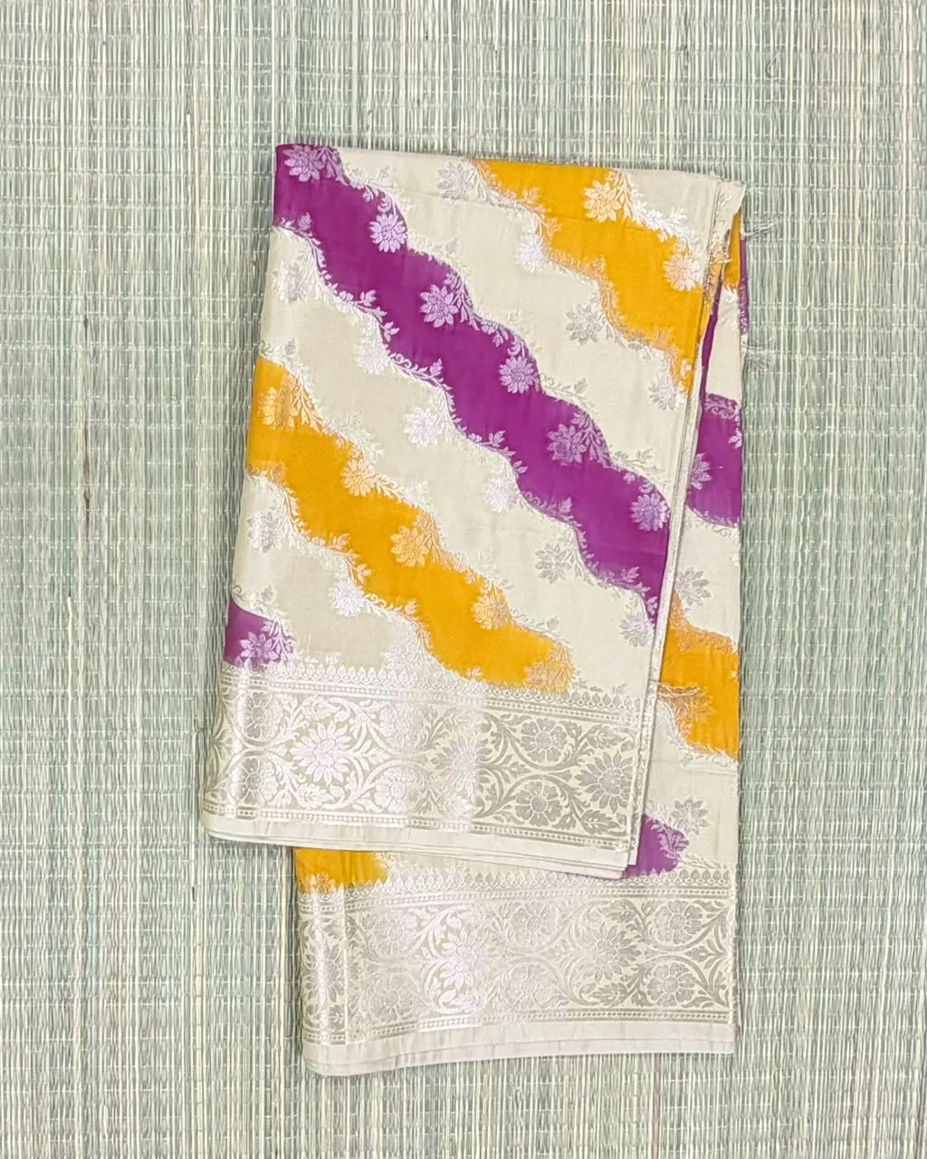 Tricolour Beige, Mango Yellow and Magenta Pure Mashru Silk Saree