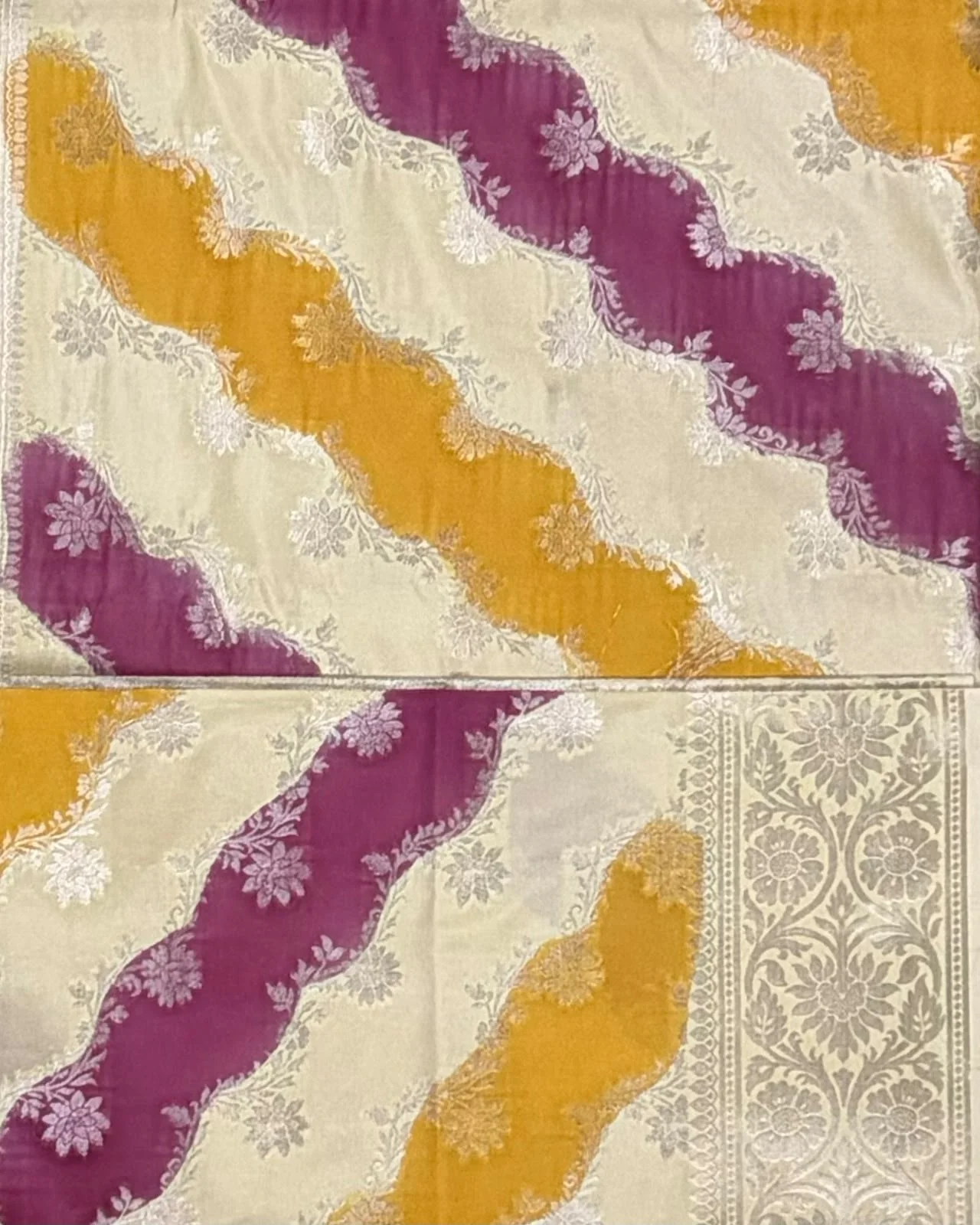 Tricolour Beige, Mango Yellow and Magenta Pure Mashru Silk Saree - Image 2