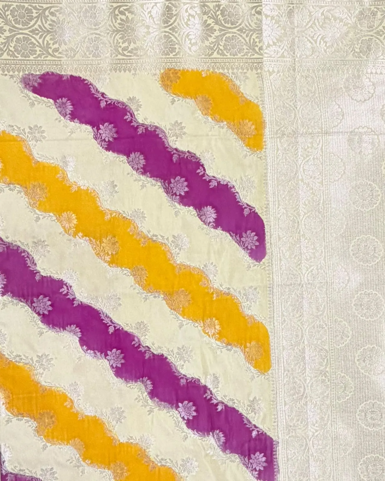 Tricolour Beige, Mango Yellow and Magenta Pure Mashru Silk Saree - Image 3