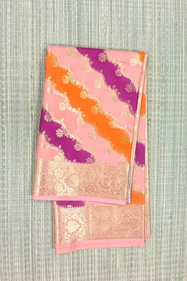 Tricolour Peach, Magenta and Orange Pure Mashru Silk Saree