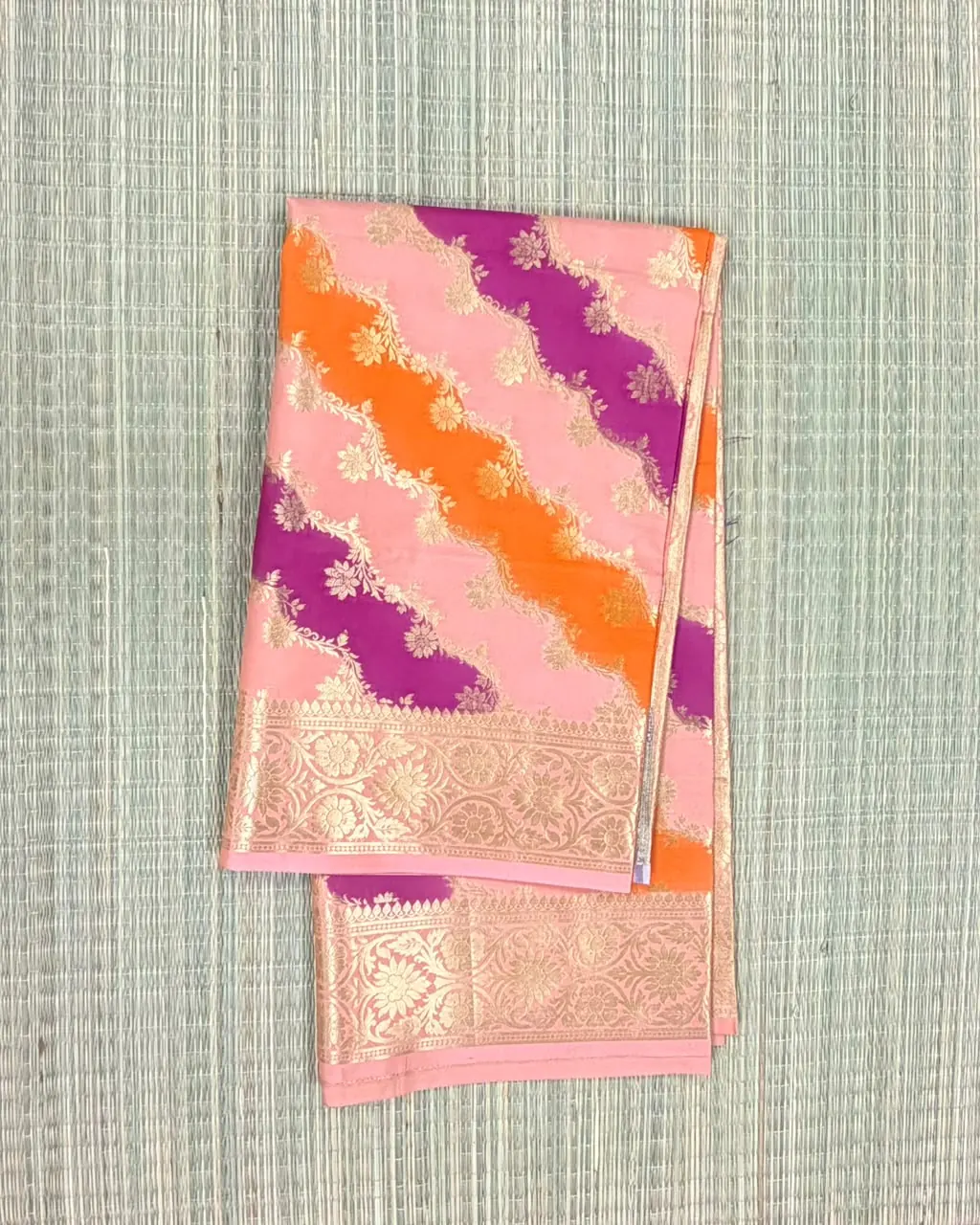 Tricolour Peach, Magenta and Orange Pure Mashru Silk Saree