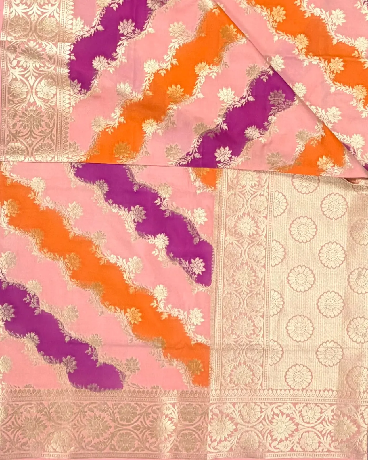 Tricolour Peach, Magenta and Orange Pure Mashru Silk Saree - Image 2