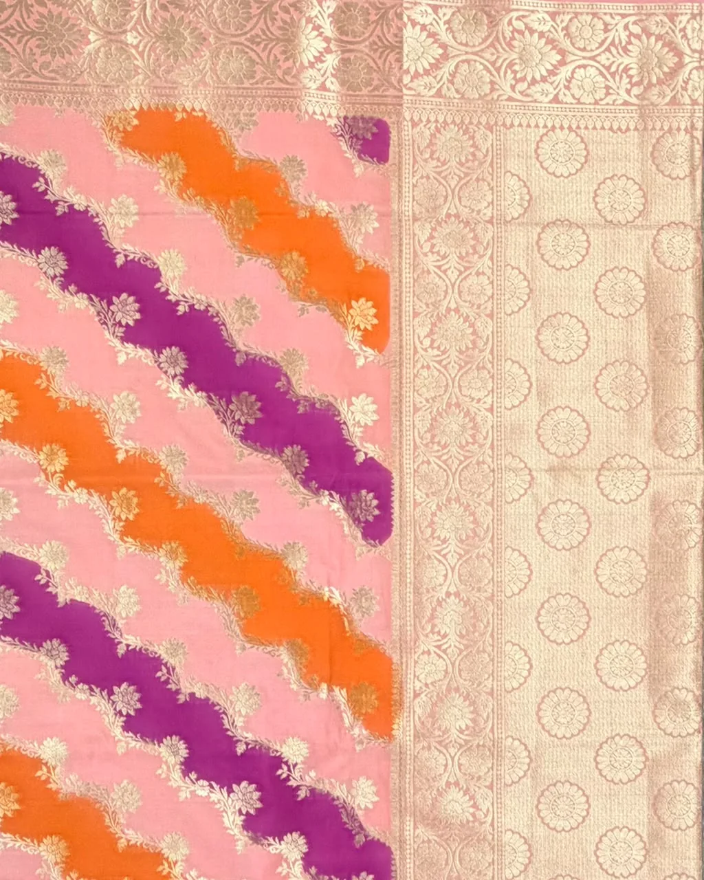 Tricolour Peach, Magenta and Orange Pure Mashru Silk Saree - Image 3