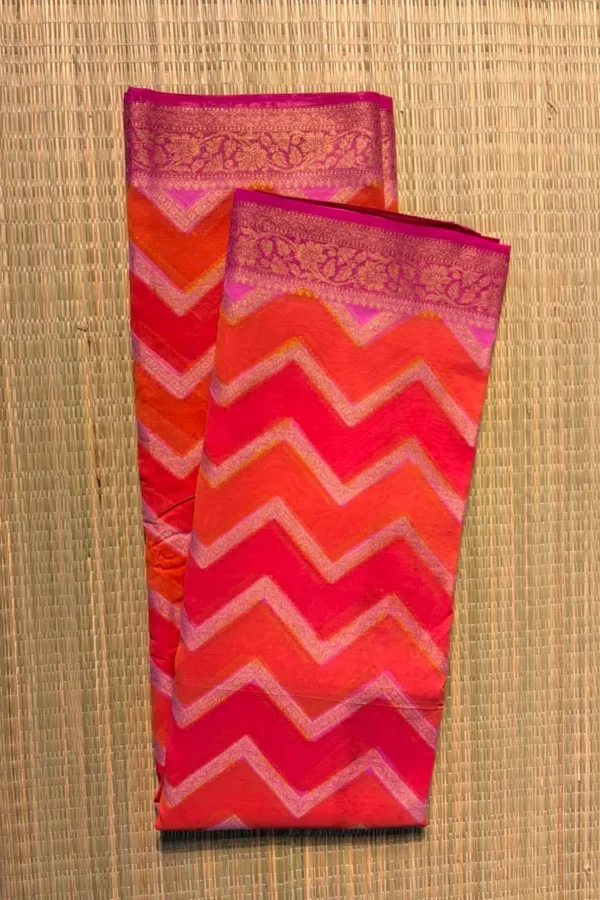 Tricolour Red, Orange and Magenta Zigzag Semi Chiffon Saree with Purple Border
