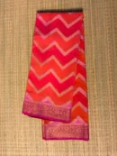 Tricolour Red, Orange and Magenta Zigzag Semi Chiffon Saree with Purple Border
