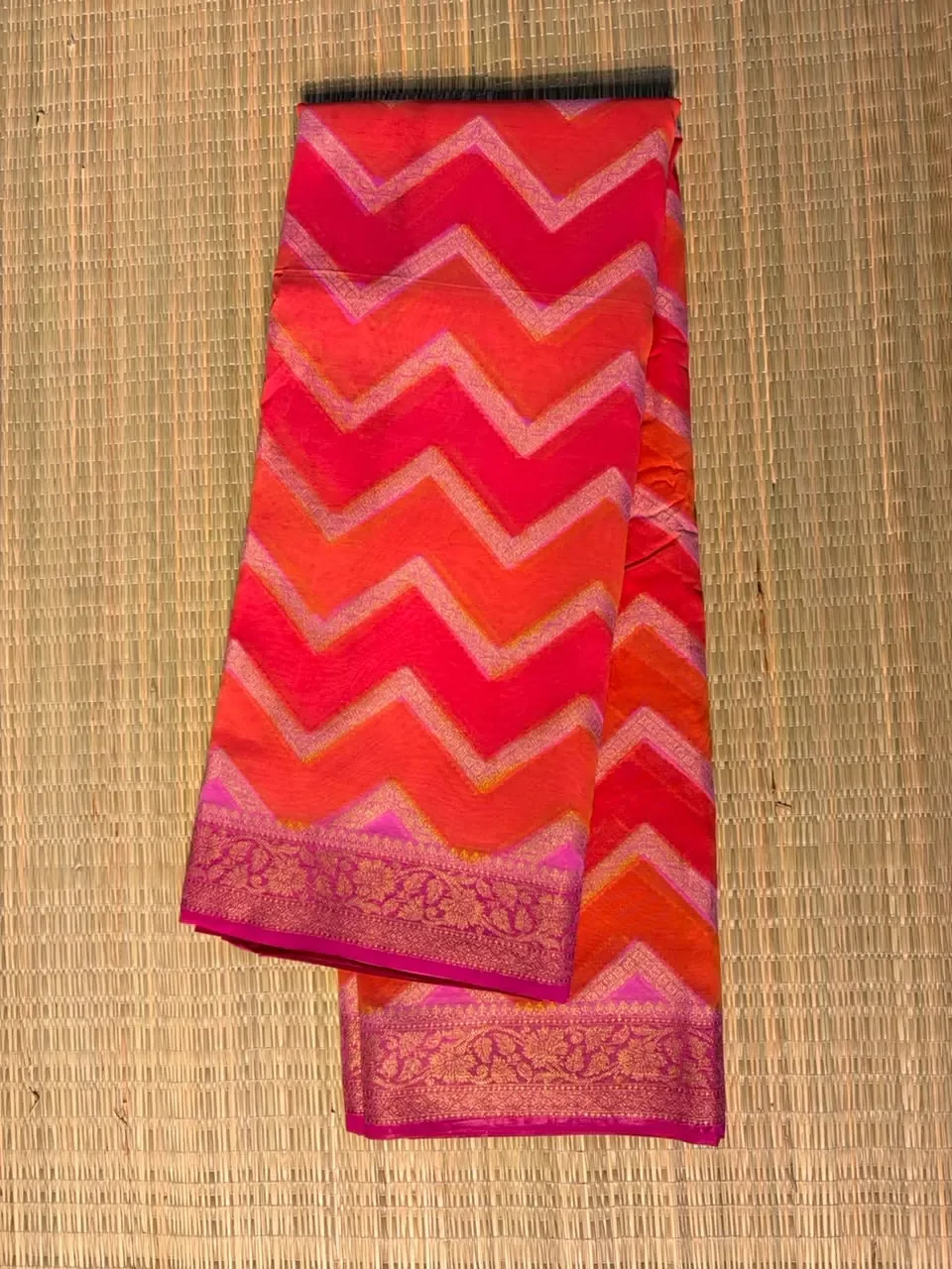 Tricolour Red, Orange and Magenta Zigzag Semi Chiffon Saree with Purple Border