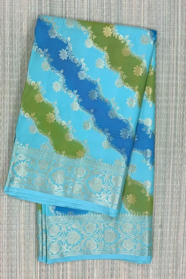 Tricolour Sky Blue, Krishna Blue and Green Rangkaat Pure Mashru Silk Saree