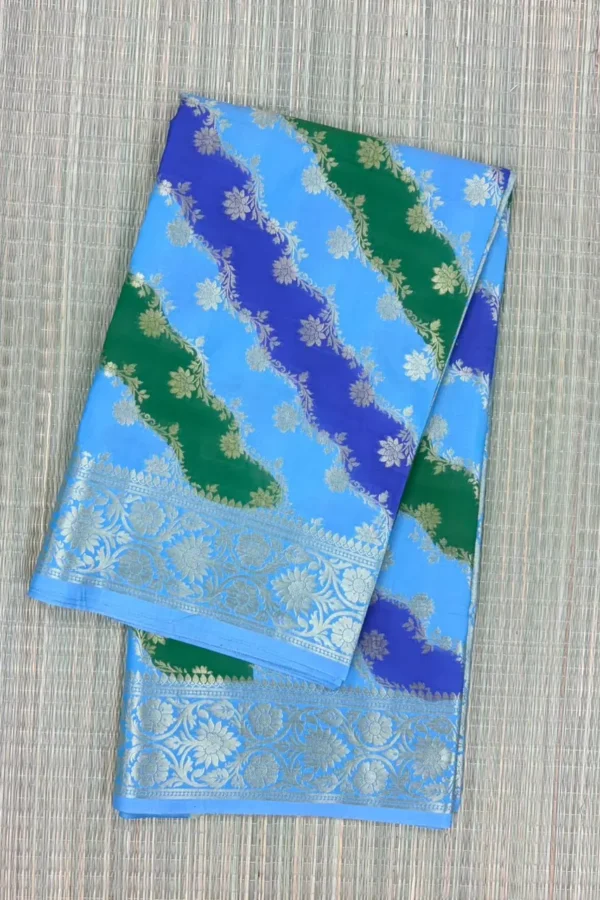 Tricolour Sky Blue, Royal Blue and Green Rangkaat Pure Mashru Silk Saree
