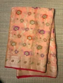 Peach Floral Pure Georgette Saree with Red Piping Border 3