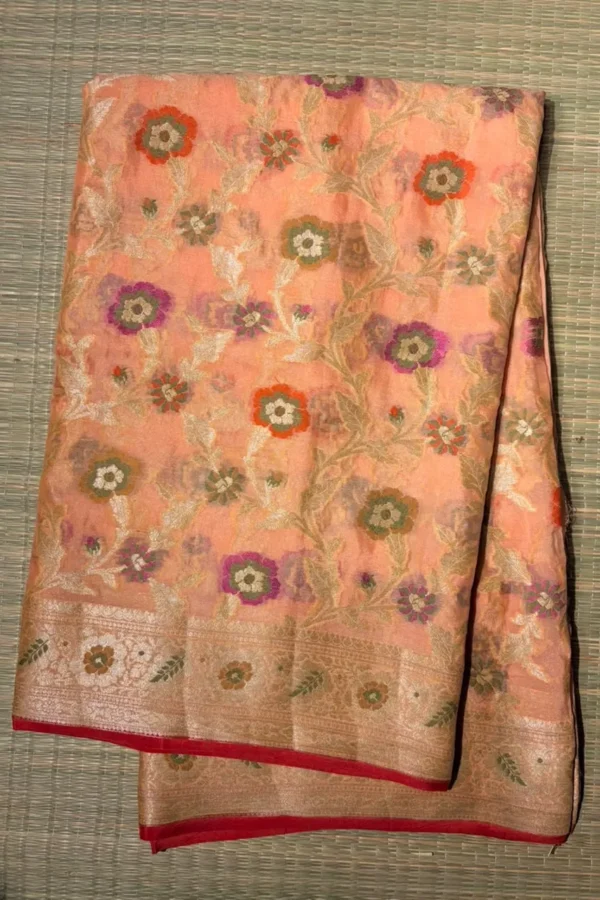 Peach Floral Pure Georgette Saree with Red Piping Border 3