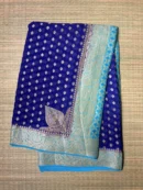 Navy Blue and Sky Blue Small Butta Pure Georgette Saree 2