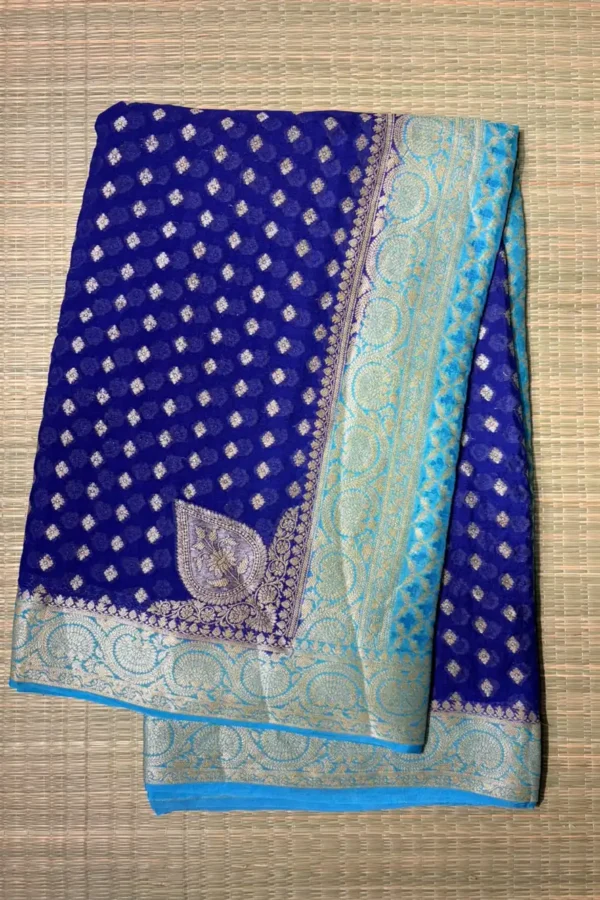 Navy Blue and Sky Blue Small Butta Pure Georgette Saree 2