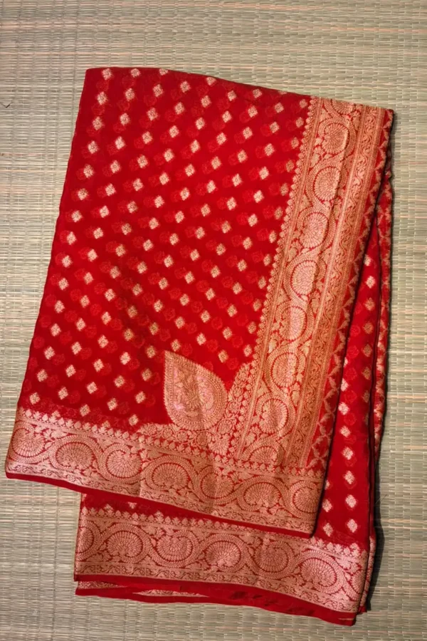 Bright Red Small Butta Pure Georgette Saree 2