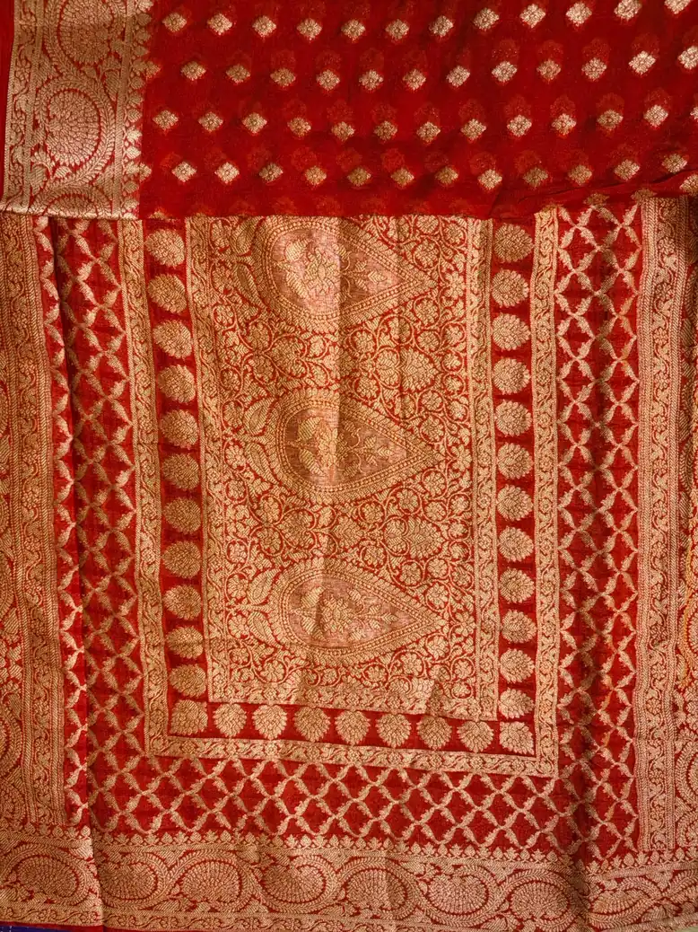 Bright Red Small Butta Pure Georgette Saree 1