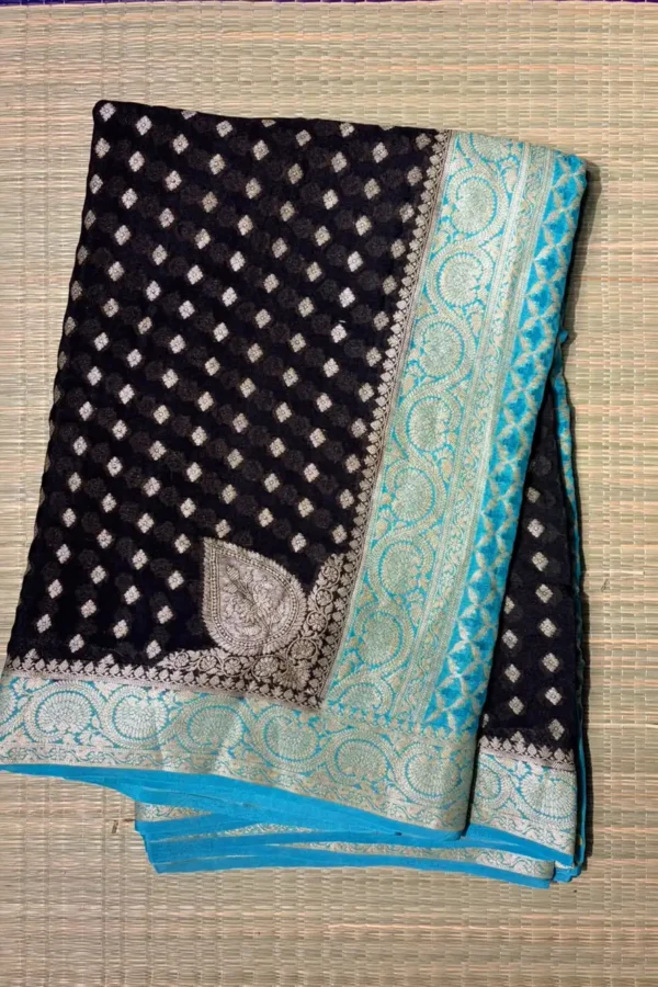 Black and Sky Blue Small Butta Pure Georgette Saree 1