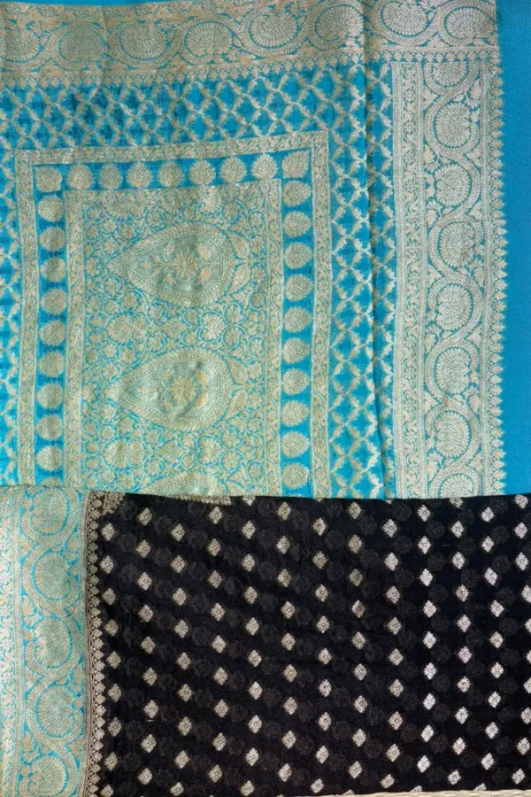 Black and Sky Blue Small Butta Pure Georgette Saree 2