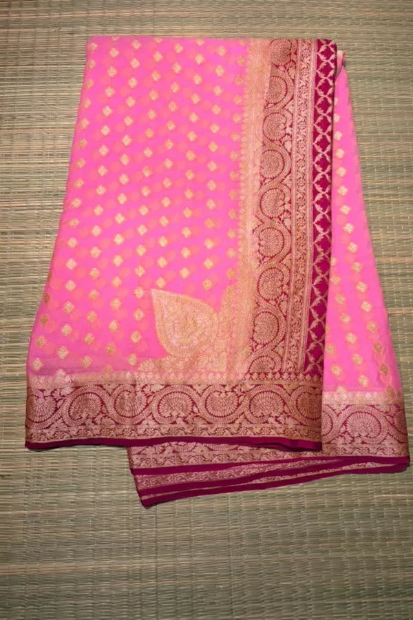 Baby Pink Small Butta Pure Georgette Saree with Red Border 1