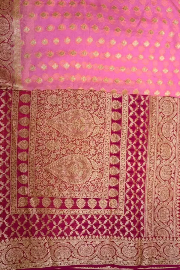 Baby Pink Small Butta Pure Georgette Saree with Red Border
