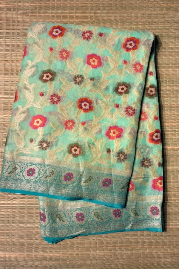 Turquoise Blue Floral Pure Georgette Saree with Blue Border