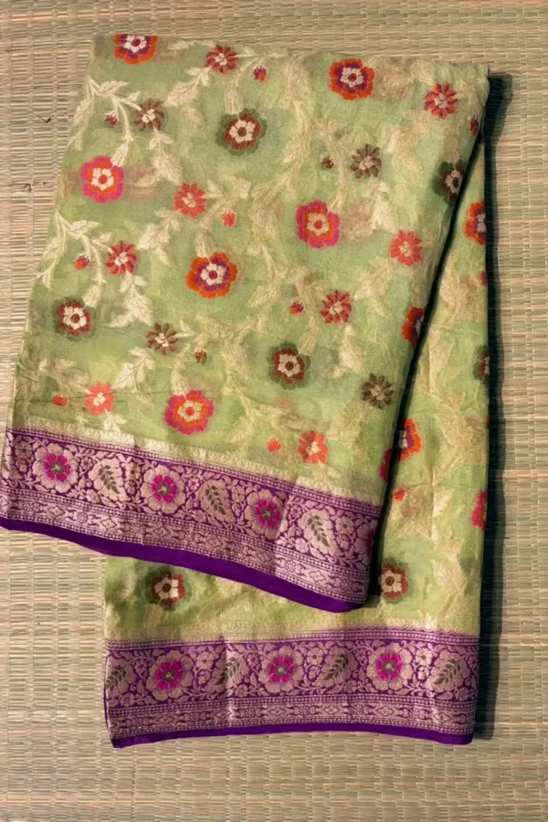 Sea Green Floral Pure Georgette Saree with Purple Border