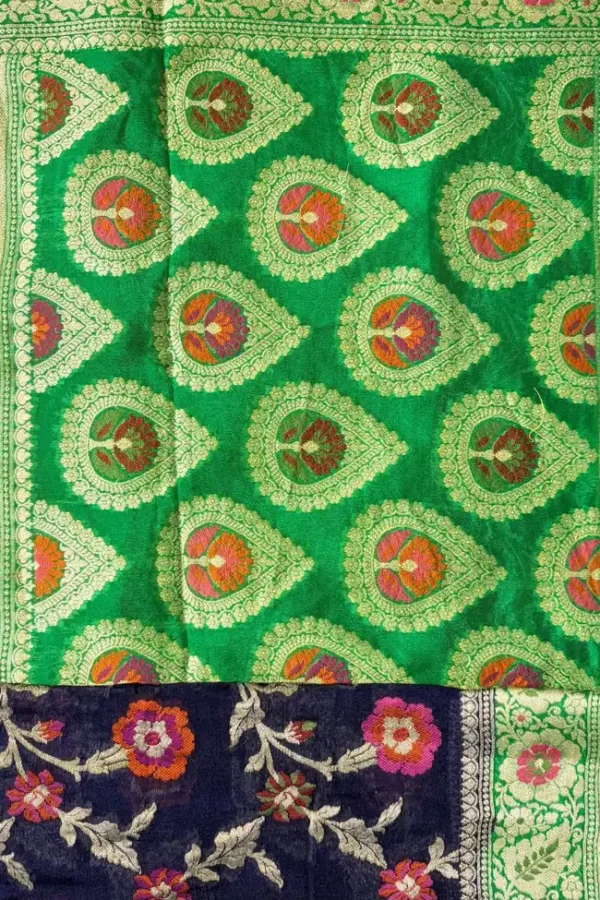 Dark Ink Blue Floral Pure Georgette Saree with Parrot Green Border 3