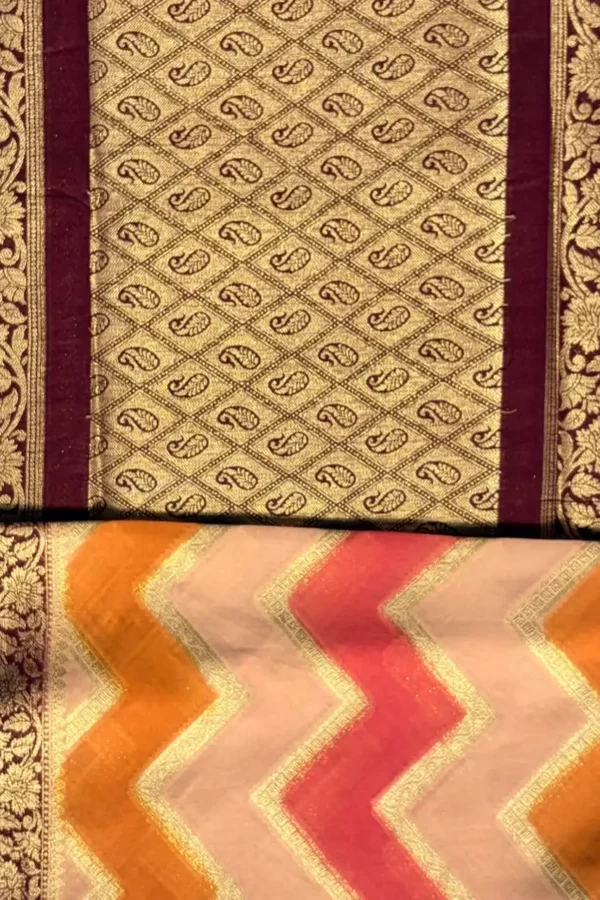 Tricolour (orange, peach and pink) zigzag saree with brown border 2