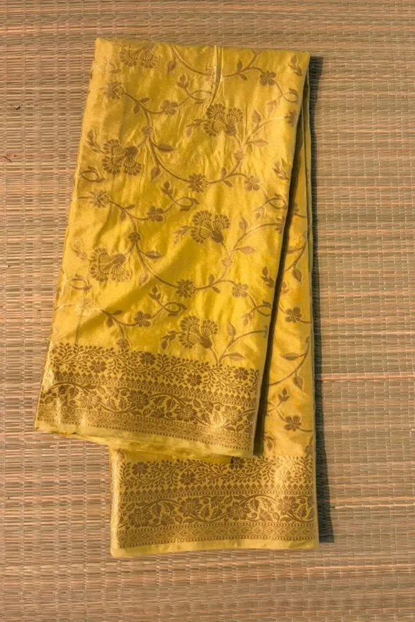 Bright Yellow Floral Jaal Pattern Semi Katan Saree