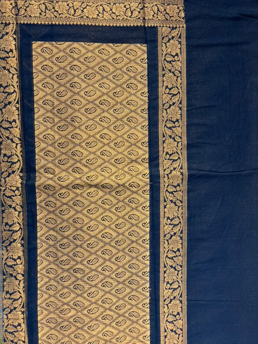 Tricolour Ink Blue, Sky Blue and Green Zigzag Semi Chiffon Saree