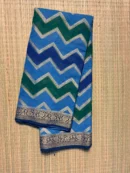 Tricolour Ink Blue, Sky Blue and Green Zigzag Semi Chiffon Saree