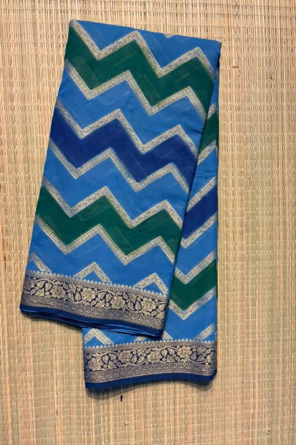 Tricolour Ink Blue, Sky Blue and Green Zigzag Semi Chiffon Saree