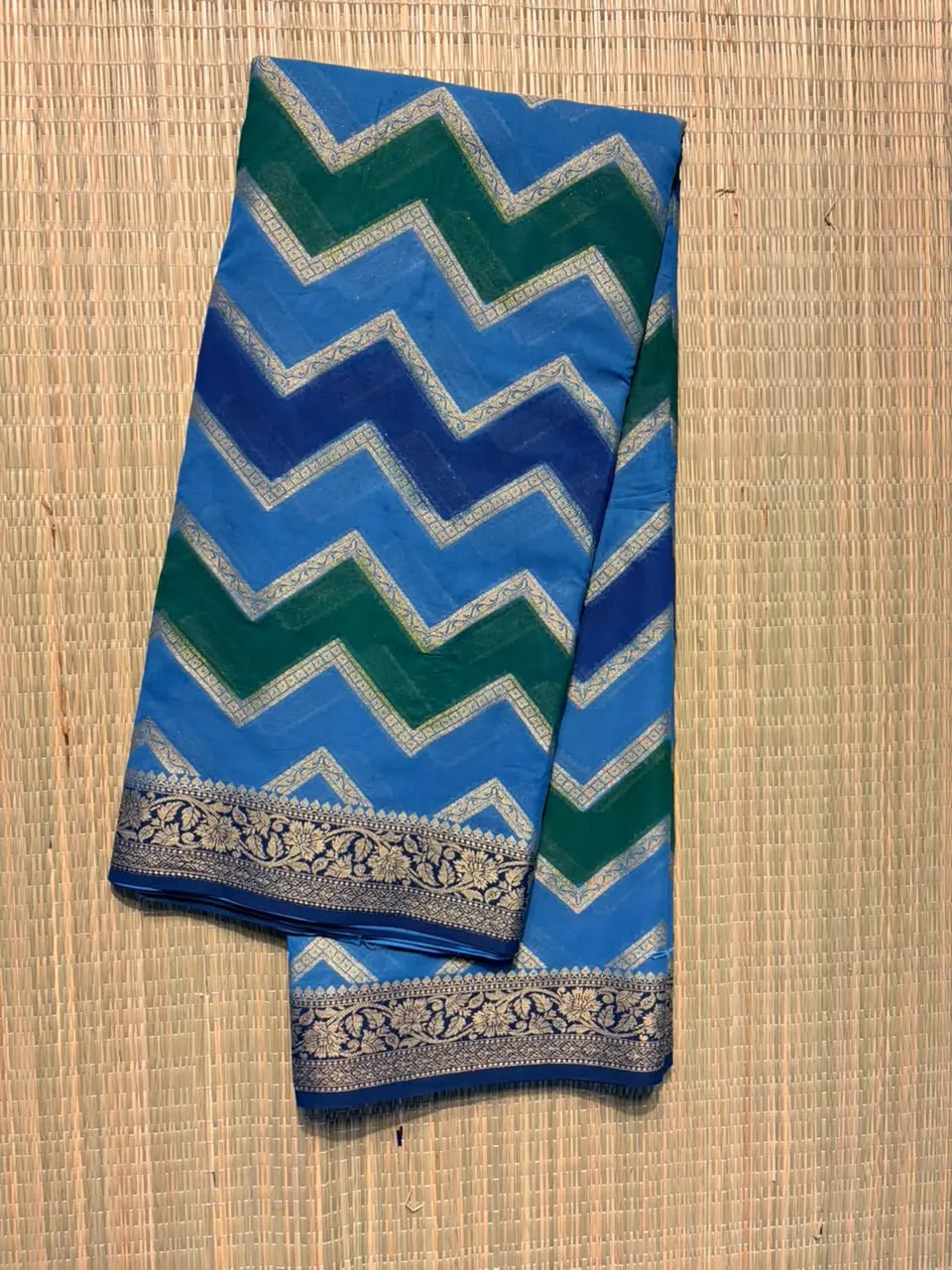 Tricolour Ink Blue, Sky Blue and Green Zigzag Semi Chiffon Saree
