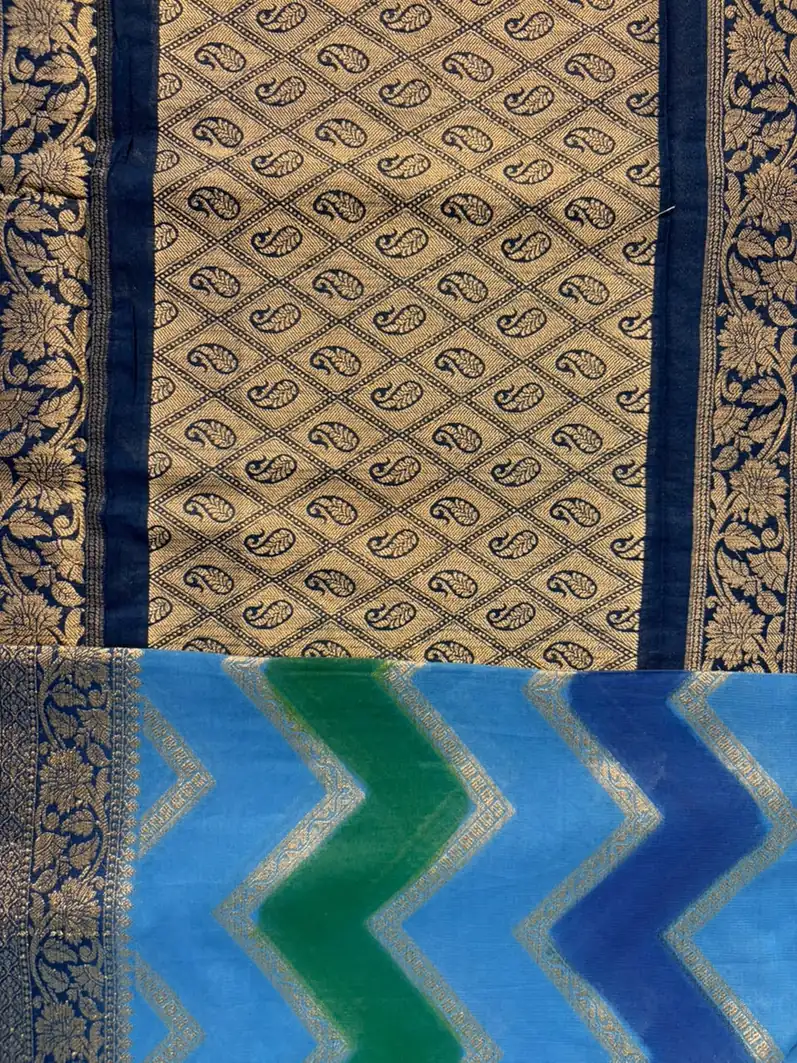 Tricolour Ink Blue, Sky Blue and Green Zigzag Semi Chiffon Saree