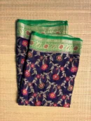 Dark Ink Blue Floral Pure Georgette Saree with Parrot Green Border