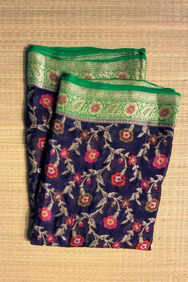 Dark Ink Blue Floral Pure Georgette Saree with Parrot Green Border