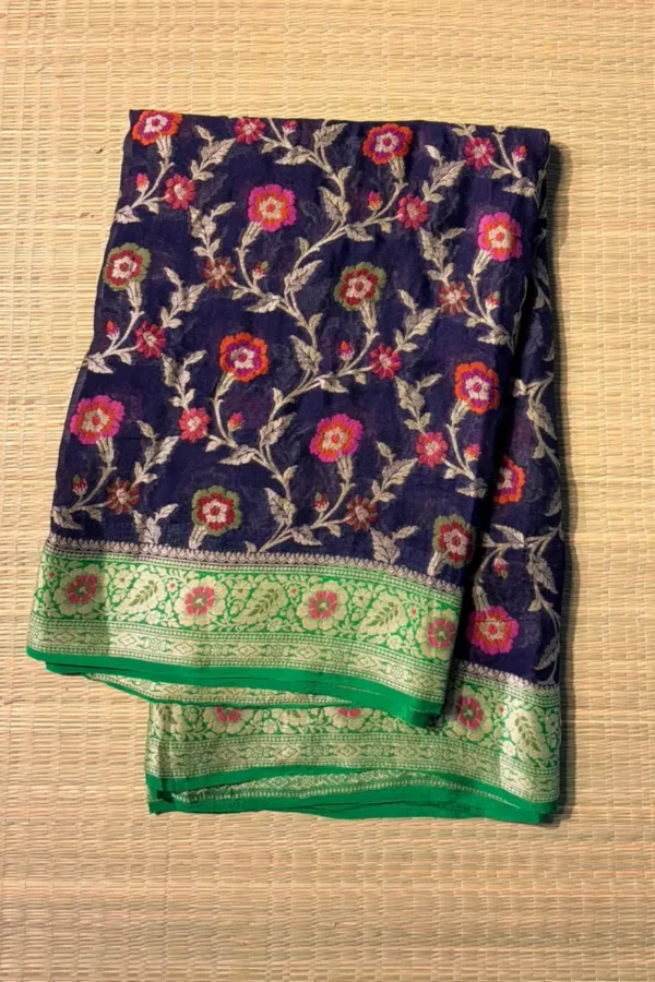 Dark Ink Blue Floral Pure Georgette Saree with Parrot Green Border