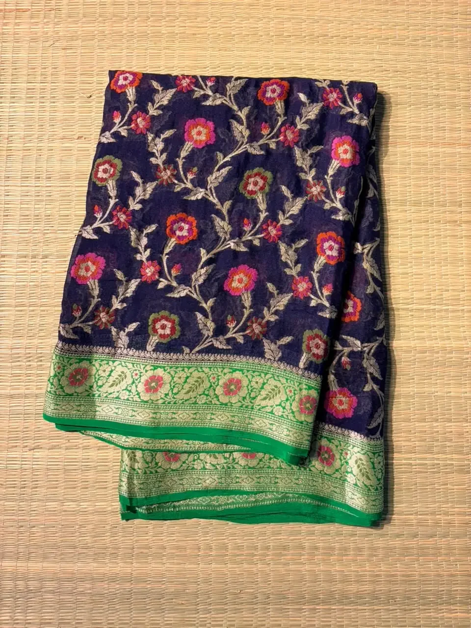 Dark Ink Blue Floral Pure Georgette Saree with Parrot Green Border