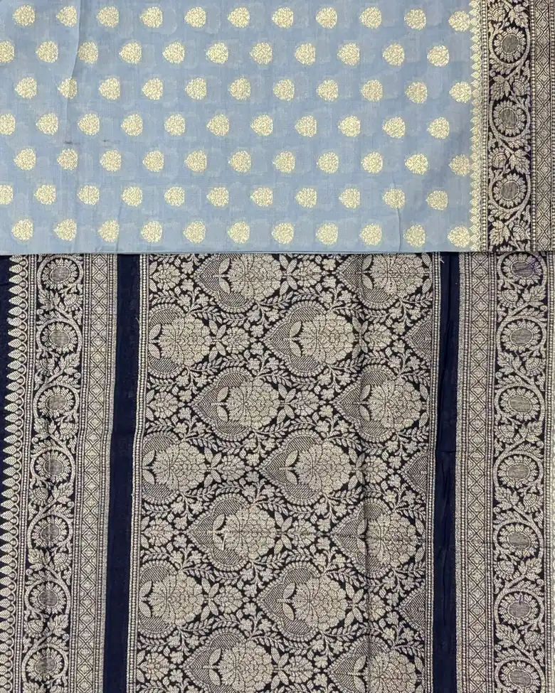 Grey Semi Chiffon Saree with Black Border - Image 2