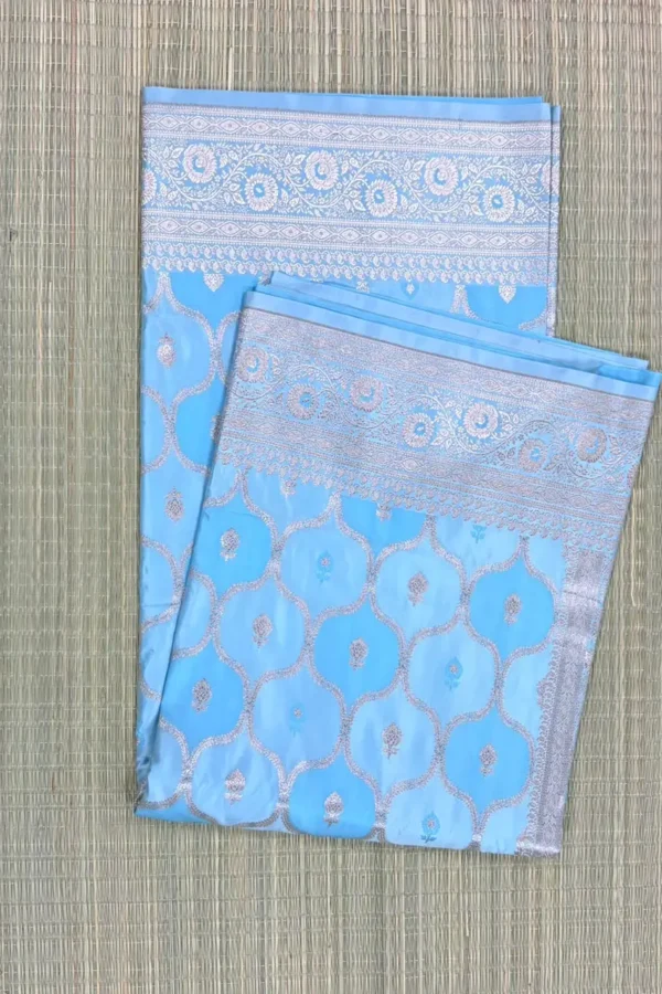 Sky Blue Mint and Powder Blue Tricolour Rangkaat Pattern Pure Katan Saree