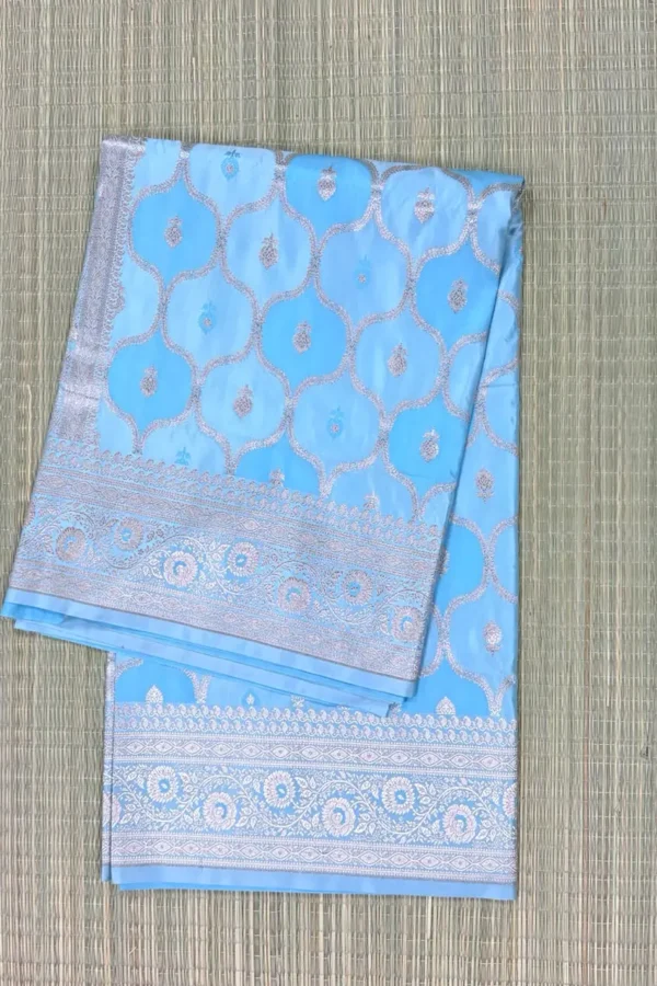 Sky Blue Mint and Powder Blue Tricolour Rangkaat Pattern Pure Katan Saree