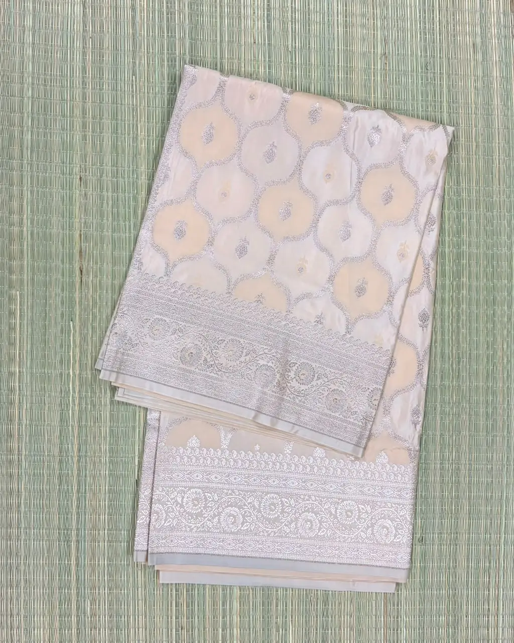 Beige and Pale Peach Rangkaat Pattern Pure Katan Saree