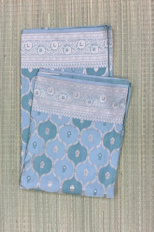 Sky Blue and Turquoise Green Rangkaat Pattern Pure Katan Saree